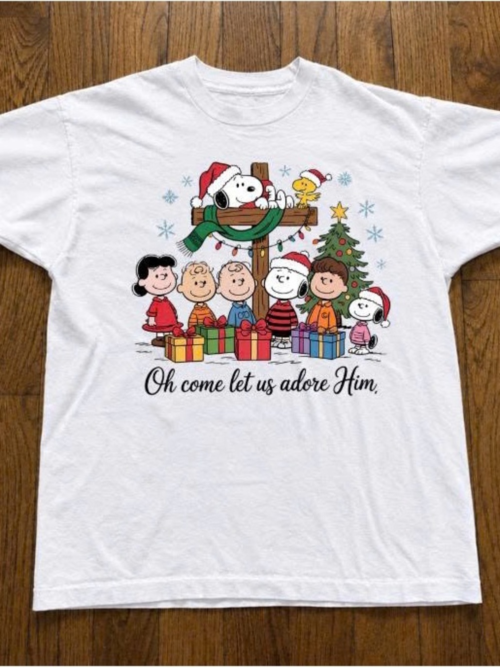 Peanuts White Holiday Tee with Multicolor Snoopy & Friends Graphic